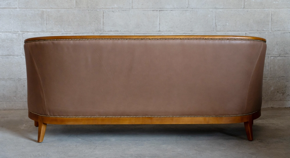 Antique 3 seater sofa bois teinte merisier et cuir noisette