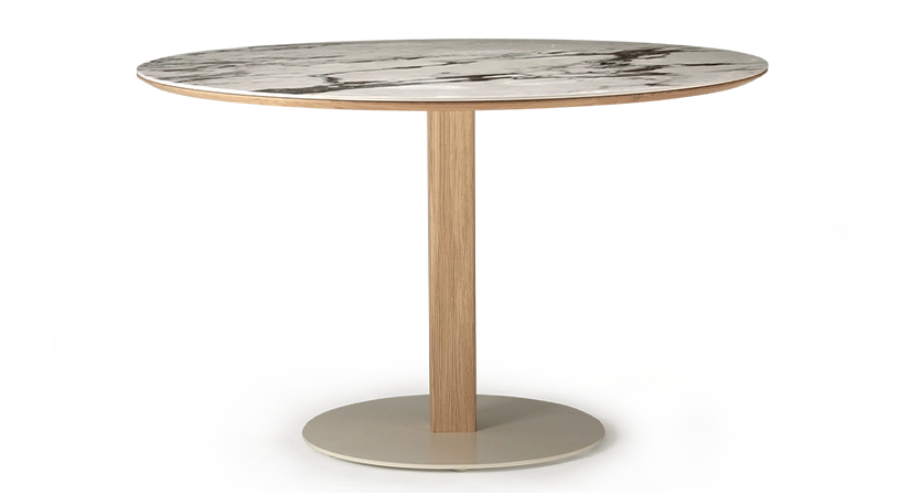 Table salle à manger ronde en chêne et céramique 4 à 6 personnes avec bois teinte naturelle et plateau céramique effet marbre blanc m3 110x110 Table salle à manger ronde en chêne et céramique 4 à 6 personnes avec bois teinte naturelle et plateau céramique effet marbre blanc m3 110x110