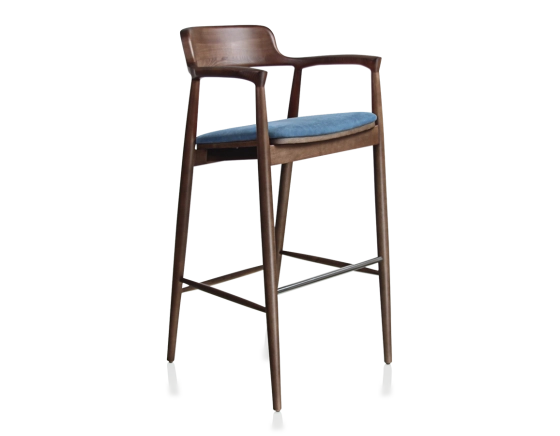 Tabouret de bar h80 cm bois teinte marron foncé assise tissu bleu jean