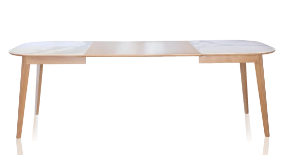 Table extensible en chêne et céramique allonges bois avec bois teinte naturelle et plateau céramique effet marbre blanc 180x100 cm