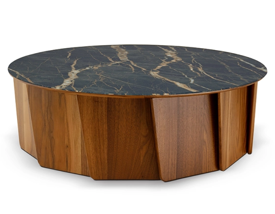 Table basse ronde en noyer et céramique avec bois teinte naturelle plateau céramique effet marbre noir 120 cm