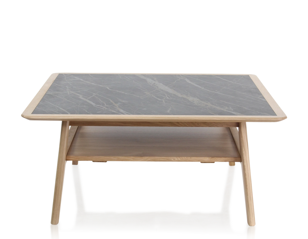 Table basse carrée en chêne et céramique avec bois teinte naturelle plateau céramique effet marbre noir 100x100 cm Table basse carrée en chêne et céramique avec bois teinte naturelle plateau céramique effet marbre noir 100x100 cm