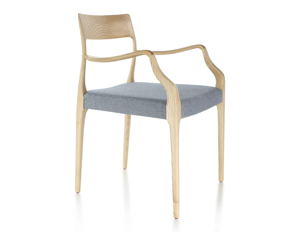 Scandinavian armchair with armrests natural stained wood, blue chevron fabric seat Scandinavian armchair with armrests natural stained wood, blue chevron fabric seat