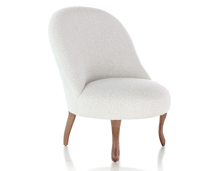 Fauteuil crapaud sans accoudoirs pieds bois teinte noyer et tissu bouclé blanc Fauteuil crapaud sans accoudoirs pieds bois teinte noyer et tissu bouclé blanc