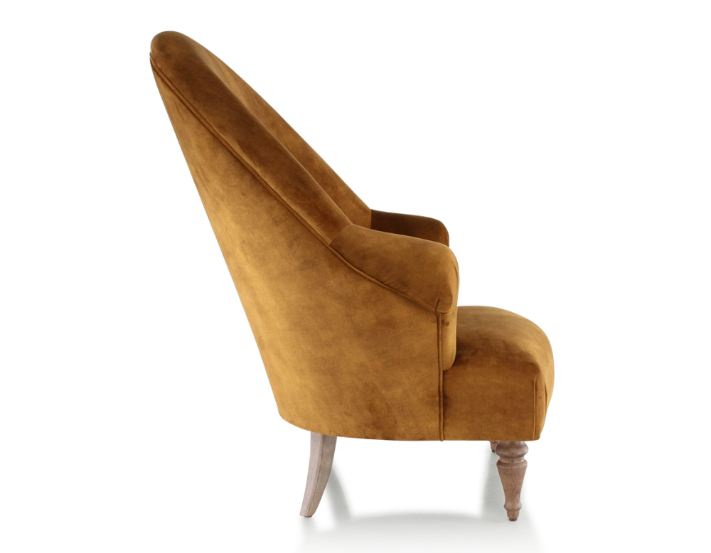 Fauteuil crapaud avec accoudoirs pieds bois teinte noyer et tissu velours bronze haut dossier Fauteuil crapaud avec accoudoirs pieds bois teinte noyer et tissu velours bronze haut dossier