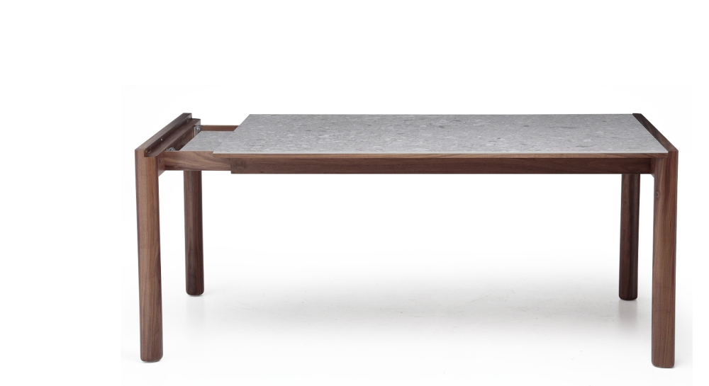 Table extensible 8 à 12 personnes en noyer et céramique allonges céramique bois teinte naturelle et céramique effet terrazzo gris 160x100 cm Table extensible 8 à 12 personnes en noyer et céramique allonges céramique bois teinte naturelle et céramique effet terrazzo gris 160x100 cm