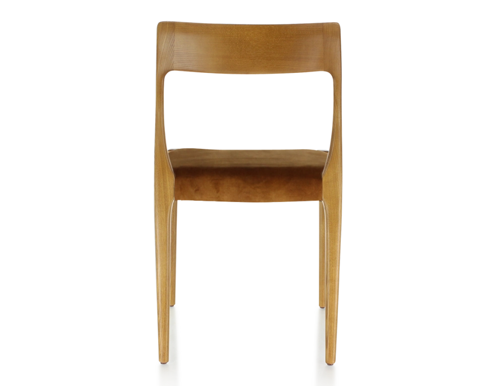 Chaise scandinave bois teinte merisier assise tissu velours bronze Chaise scandinave bois teinte merisier assise tissu velours bronze