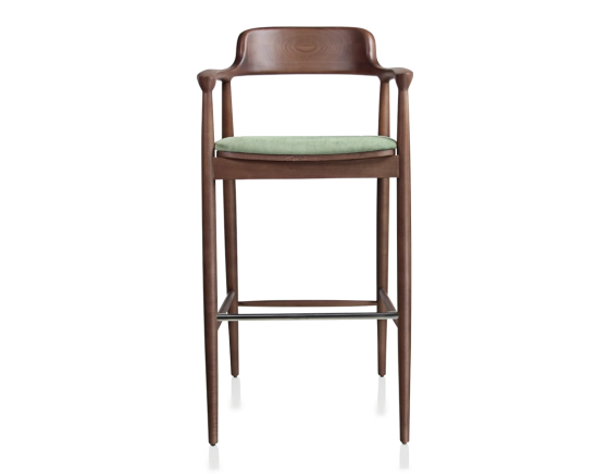 Bar stool h80 cm walnut-stained wood, green fabric seat
