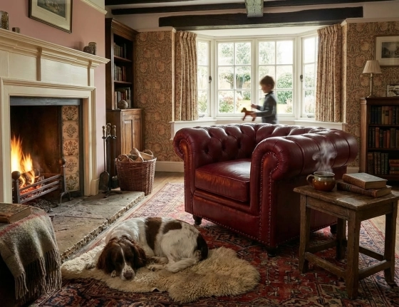 Fauteuil Chesterfield cuir rouge carmin accoudoirs cloutés