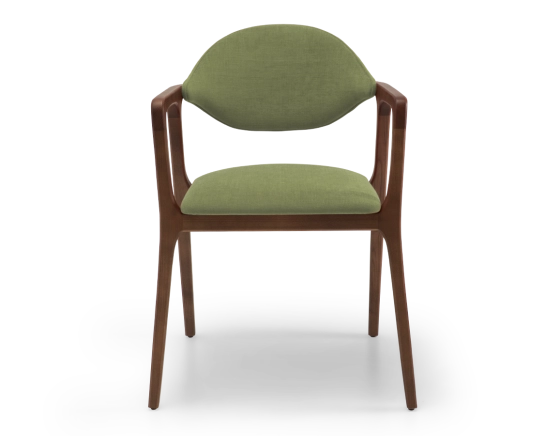 Designer armchair dark brown stained wood and green fabric.