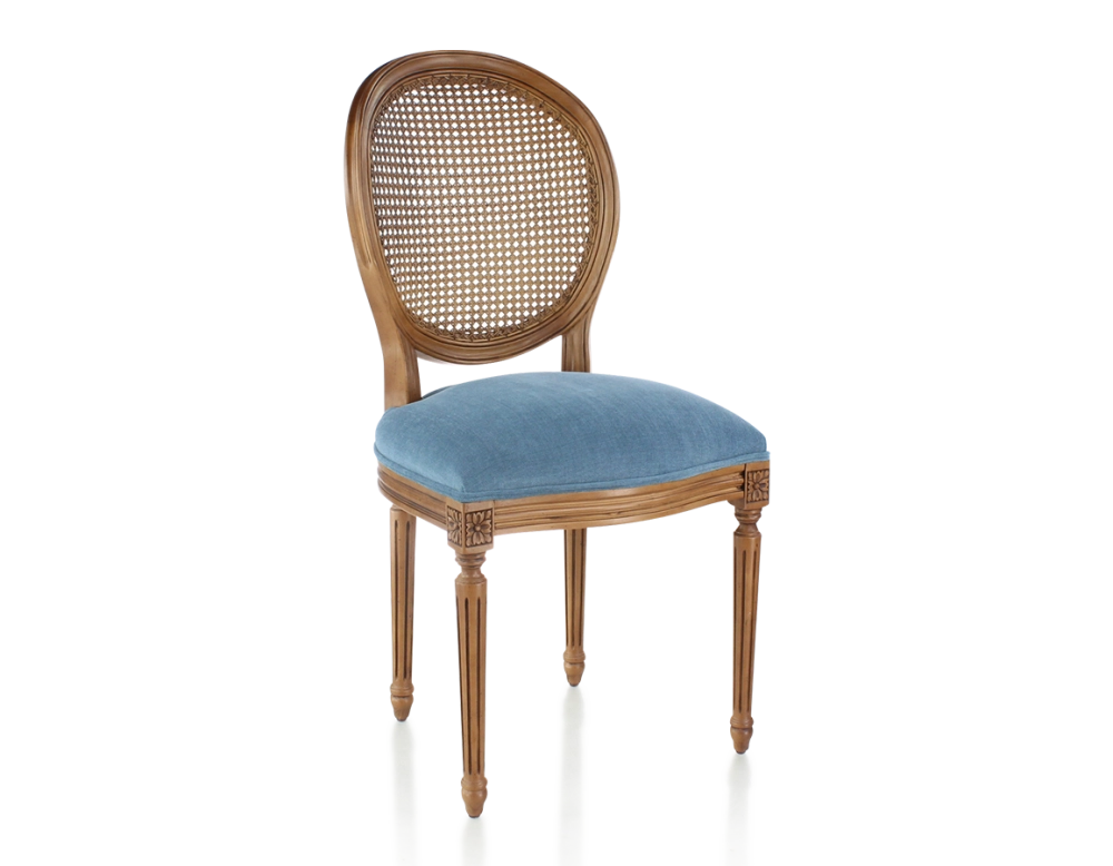 Chaise ancienne style Louis XVI bois teinte ancienne dossier canné assise tissu bleu jeans Chaise ancienne style Louis XVI bois teinte ancienne dossier canné assise tissu bleu jeans