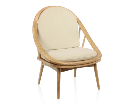 Fauteuil scandinave bois teinte naturelle et tissu crème