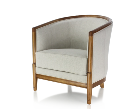 Fauteuil ancien accoudoirs moulurés bois teinte ancienne et tissu beige naturel