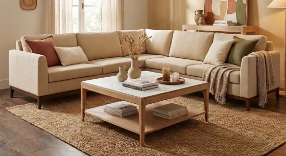 Canapé d'angle 7 places tissu crème (3G - A - 3D)