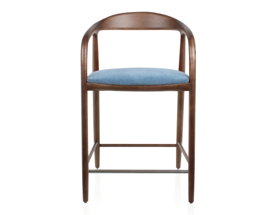 Tabouret de bar H60 cm bois teinte marron foncé et tissu bleu jean