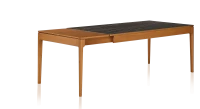 Table extensible 6 à 10 personnes en chêne et céramique allonges bois avec bois teinte merisier et plateau céramique effet marbre noir 140x90 cm