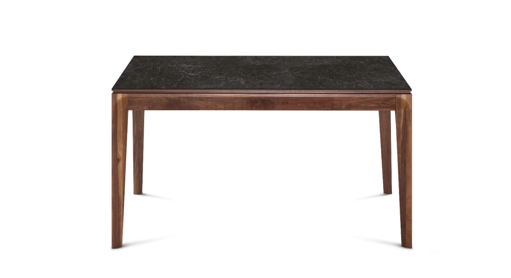 Table extensible 8 à 12 personnes en noyer et céramique allonges céramique avec bois teinte naturelle et plateau et allonges céramique effet ardoise 160x100 cm