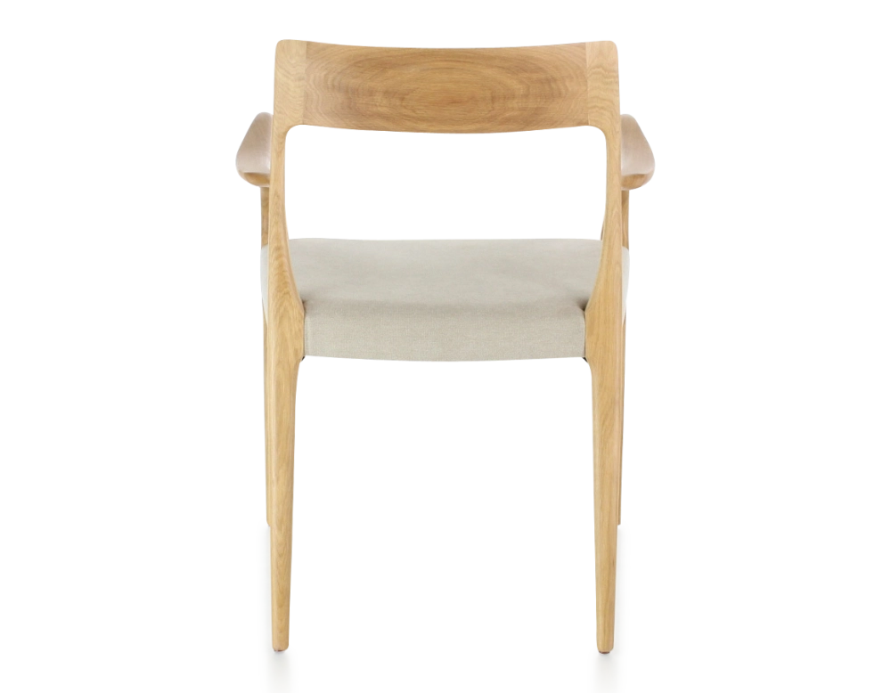 Scandinavian armchair with armrests natural wood stain camel fabric seat Scandinavian armchair with armrests natural wood stain camel fabric seat