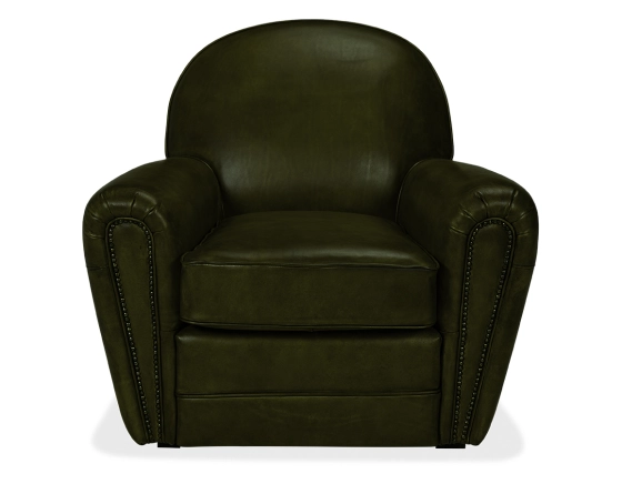 Fauteuil club cuir vert olive accoudoirs cloutés