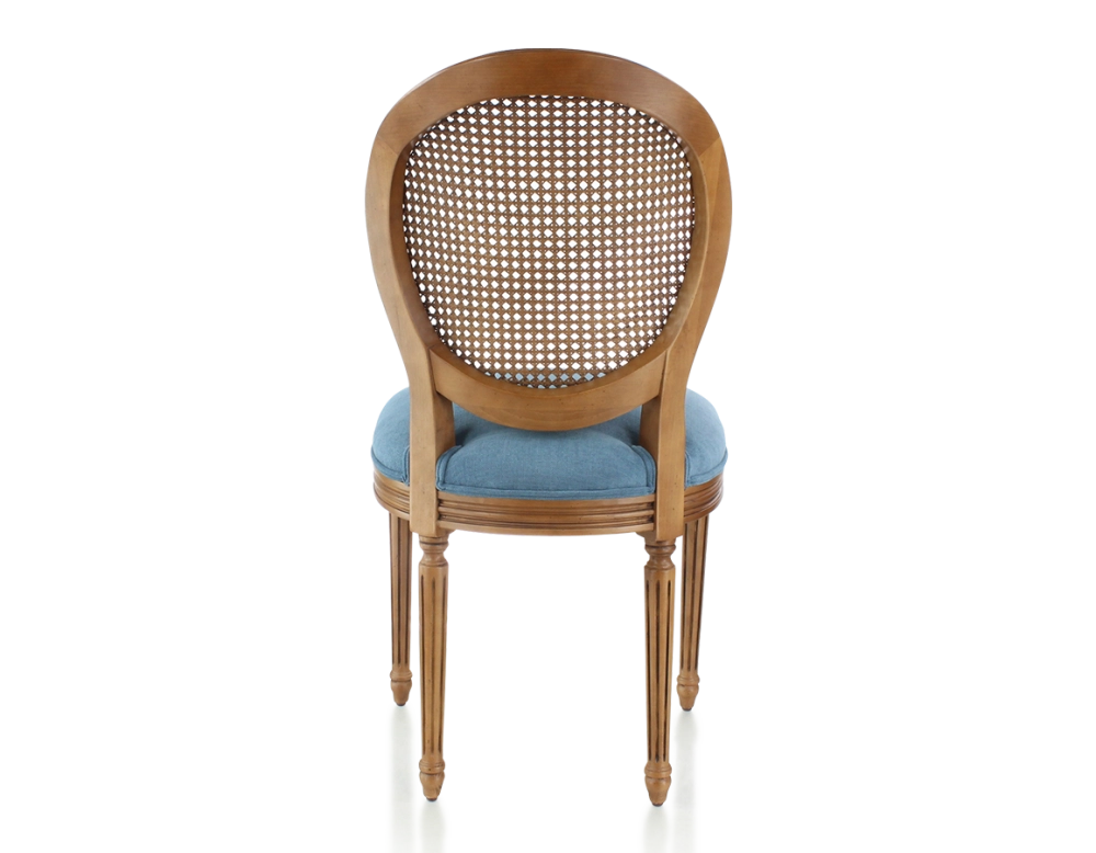 Chaise ancienne style Louis XVI bois teinte ancienne dossier canné assise tissu bleu jeans Chaise ancienne style Louis XVI bois teinte ancienne dossier canné assise tissu bleu jeans