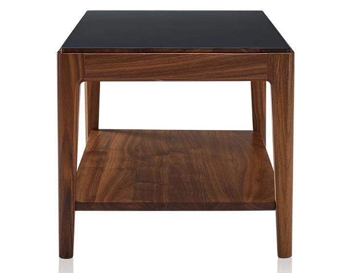 Table basse rectangulaire en noyer et céramique avec tablette en bois teinte naturelle plateau céramique noir unie 100x50 cm