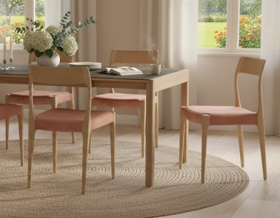 Silla escandinava madera tinte natural asiento tejido terciopelo rosa pálido
