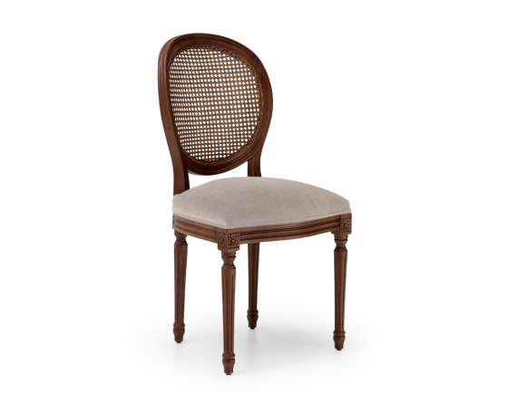 Louis XVI style antique chair dark brown stained wood with cane backrest and taupe fabric seat.