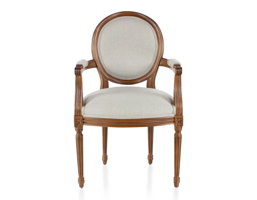 Chaise ancienne style Louis XVI avec accoudoirs bois teinte ancienne et tissu beige naturel