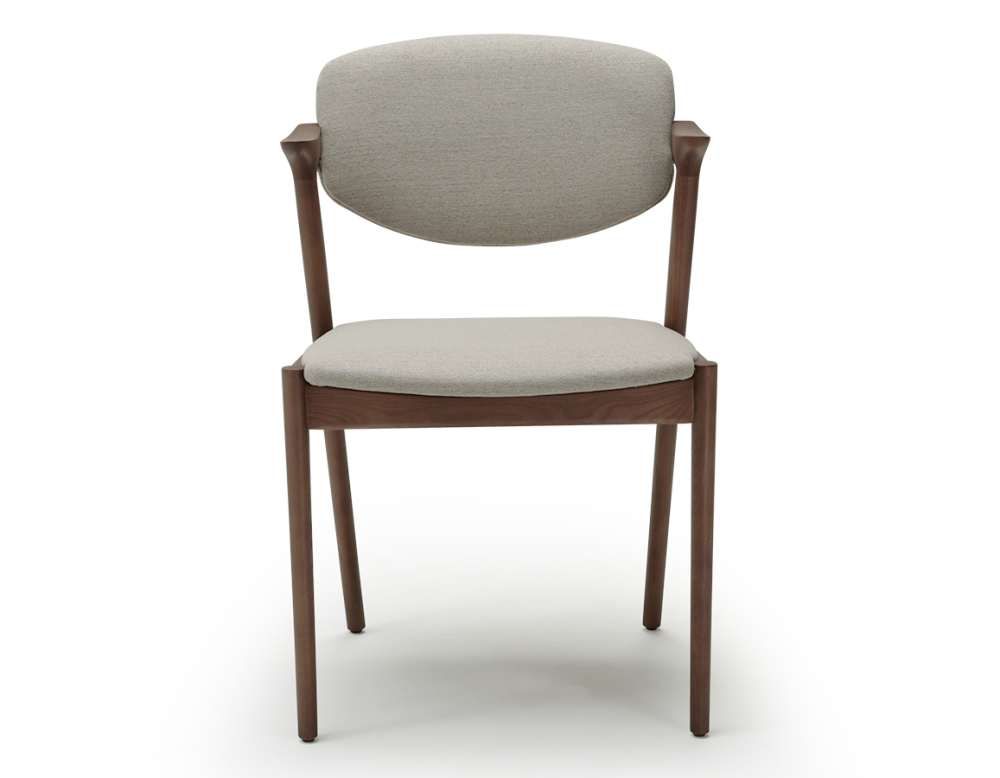 Walnut coloured design chair and natural beige fabric Walnut coloured design chair and natural beige fabric