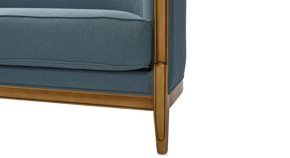 Canapé ancien 3 places accoudoirs moulurés bois teinte ancienne et tissu bleu océan