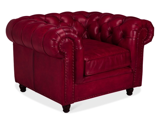 Fauteuil Chesterfield cuir rouge carmin accoudoirs cloutés