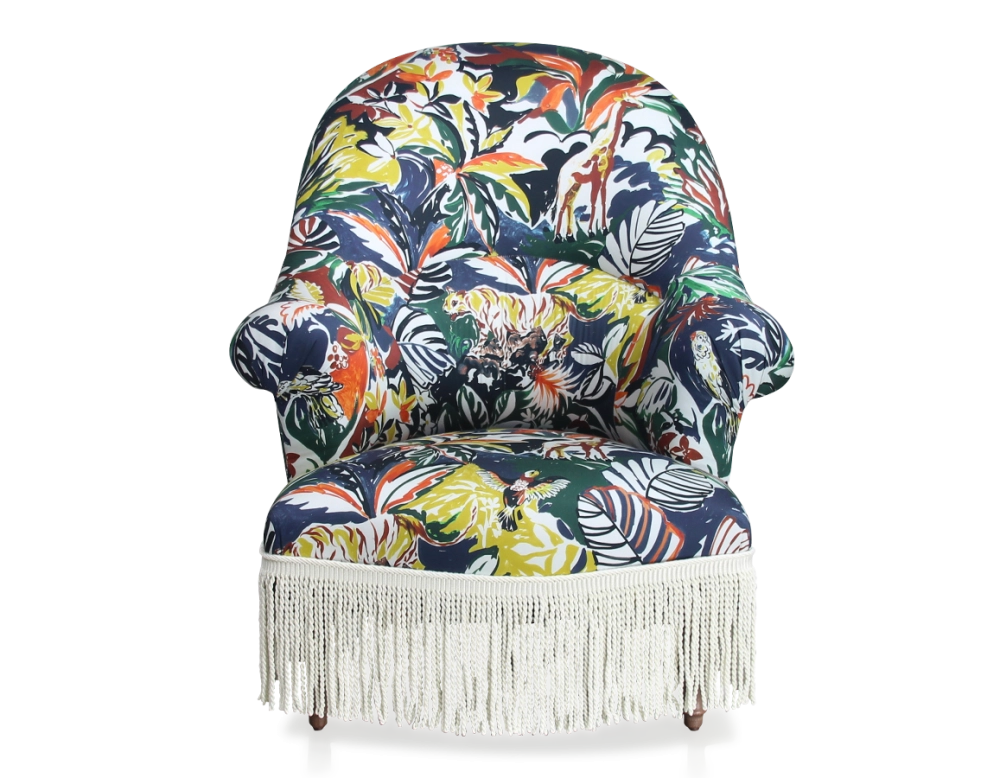 Toad armchair with armrests walnut-stained wooden legs and jungle fabric with high-back fringes Toad armchair with armrests walnut-stained wooden legs and jungle fabric with high-back fringes