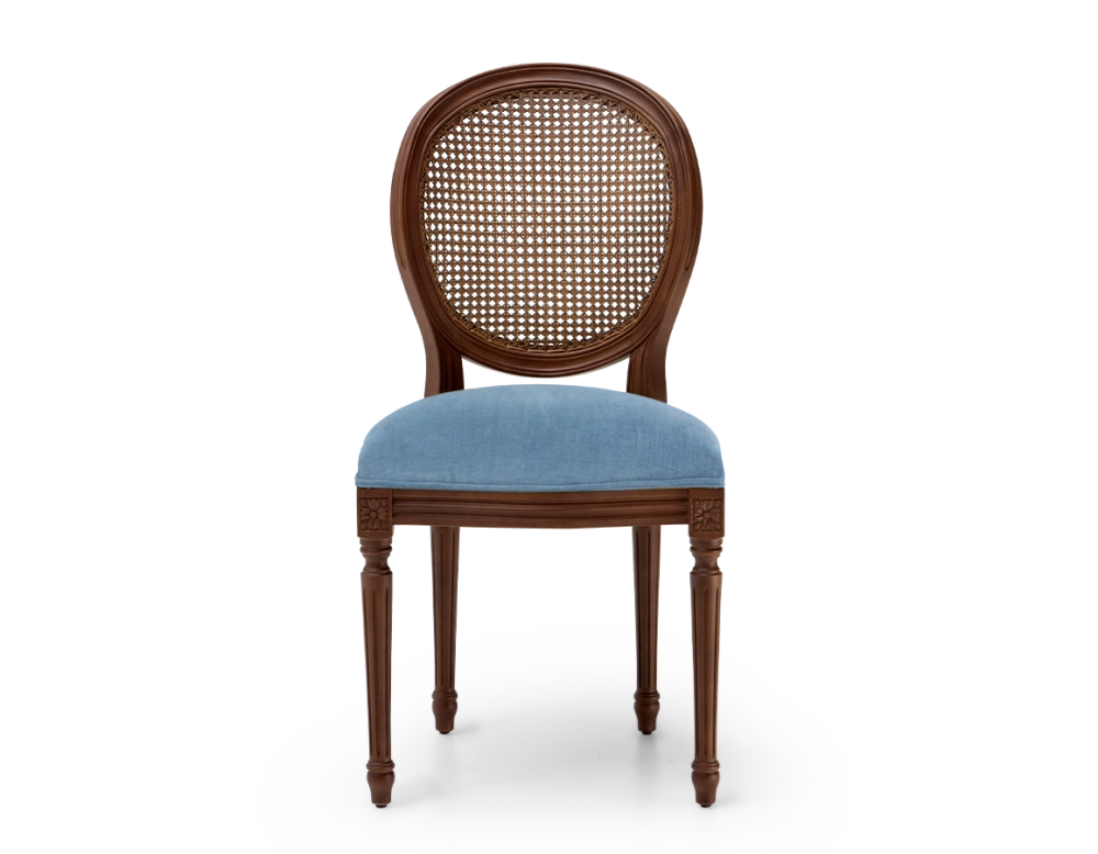 Louis XVI style antique chair dark brown stained wood with cane backrest and denim blue fabric seat. Louis XVI style antique chair dark brown stained wood with cane backrest and denim blue fabric seat.