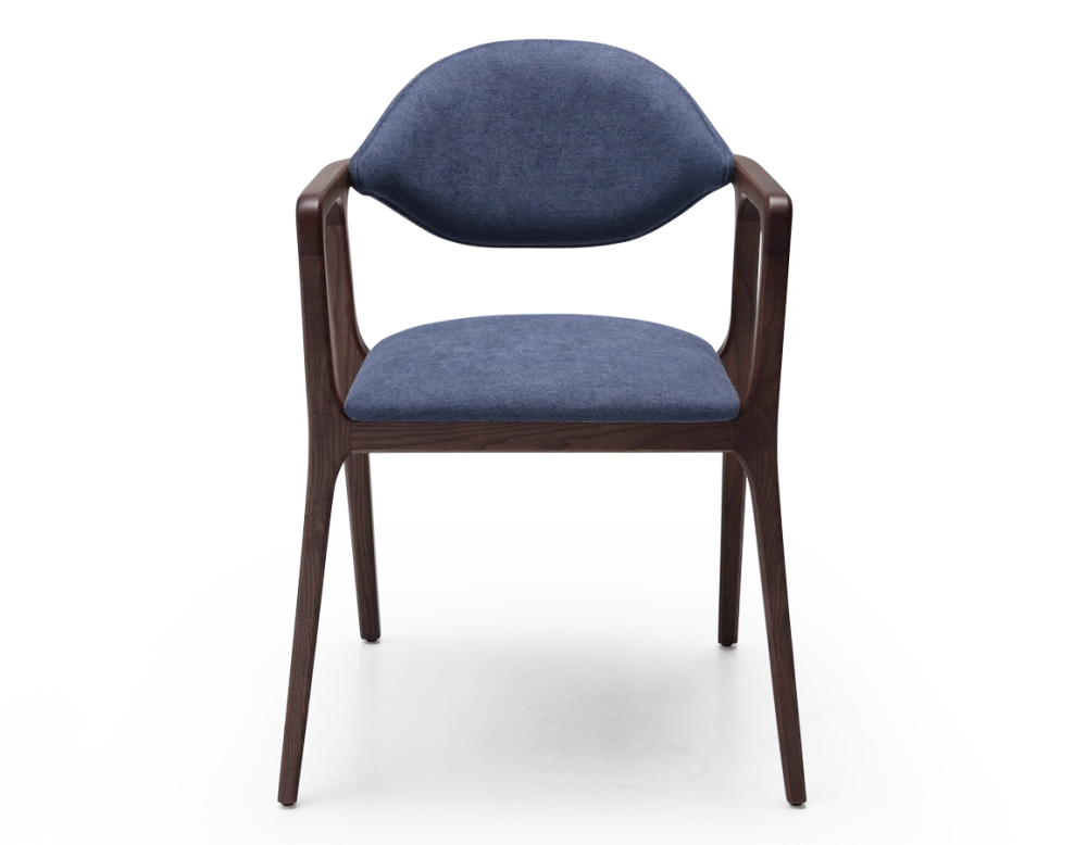 Designer armchair dark brown stained wood and ocean blue fabric. Designer armchair dark brown stained wood and ocean blue fabric.
