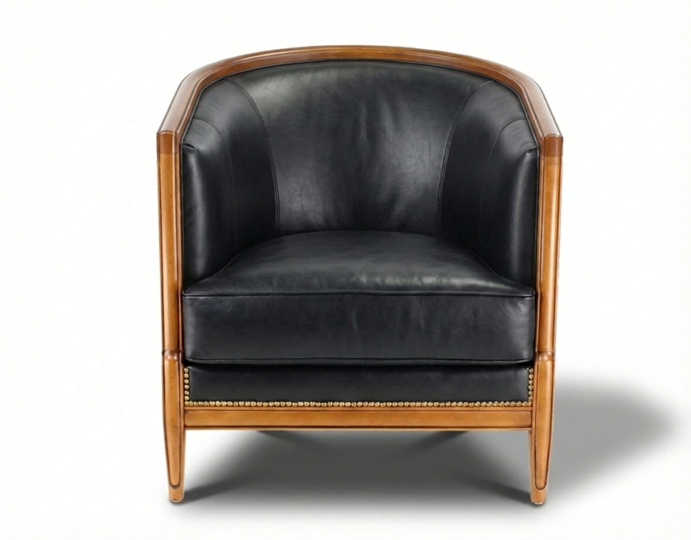 Fauteuil ancien accoudoirs moulurés bois teinte ancienne et cuir noir