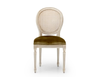 Chaise ancienne style Louis XVI bois teinte blanche cérusée dossier canné assise tissu velours vert olive Chaise ancienne style Louis XVI bois teinte blanche cérusée dossier canné assise tissu velours vert olive