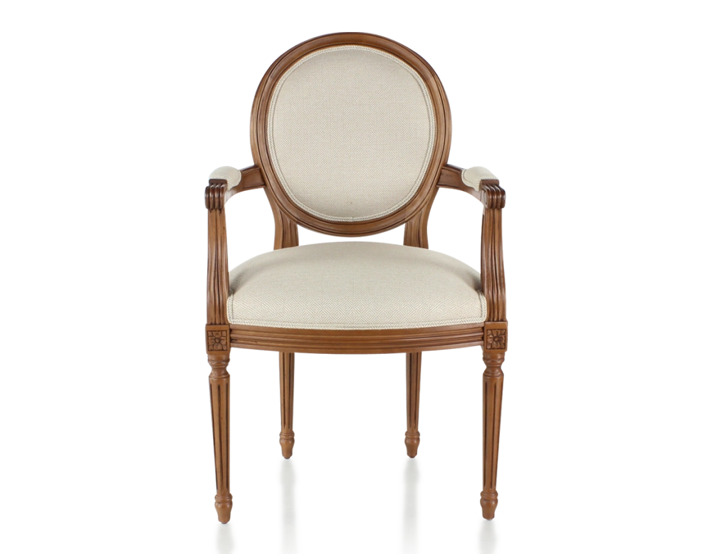 Chaise ancienne style Louis XVI avec accoudoirs bois teinte ancienne et tissu chevron beige Chaise ancienne style Louis XVI avec accoudoirs bois teinte ancienne et tissu chevron beige