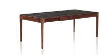Table extensible en noyer et céramique allonges céramique avec bois teinte naturelle et plateau et allonges céramique effet marbre noir 140x90 cm