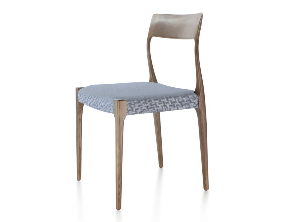 Scandinavian chair dark brown stained wood, blue chevron fabric seat Scandinavian chair dark brown stained wood, blue chevron fabric seat