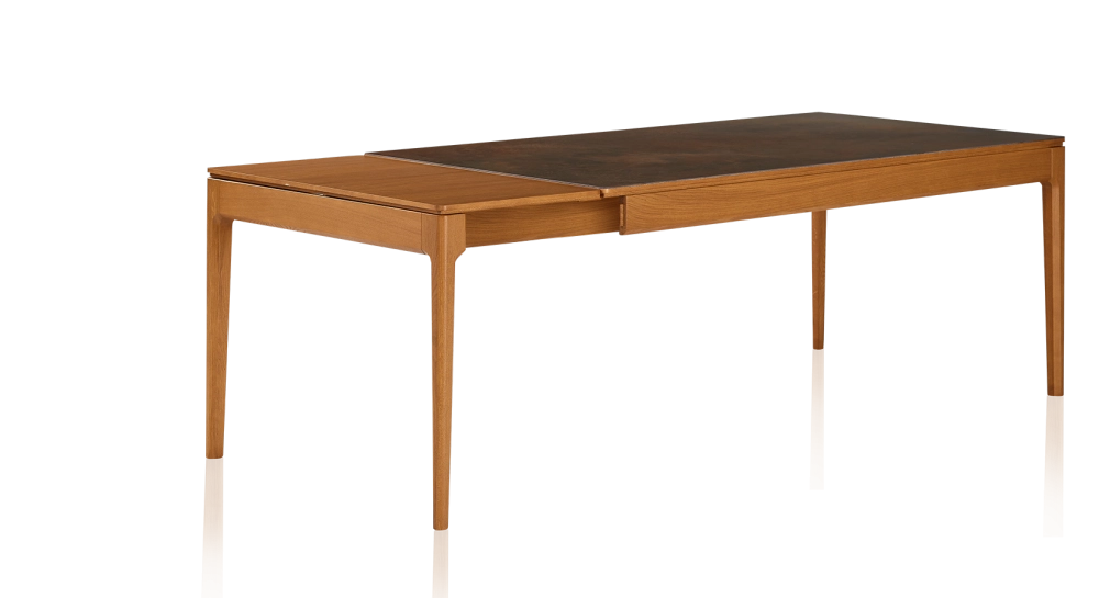 Table extensible 6 à 10 personnes en chêne et céramique allonges bois avec bois teinte merisier et plateau céramique brun oxydé 140x90 cm Table extensible 6 à 10 personnes en chêne et céramique allonges bois avec bois teinte merisier et plateau céramique brun oxydé 140x90 cm