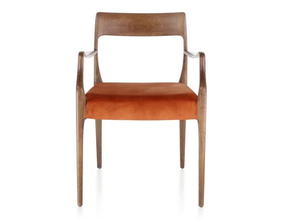 Scandinavian armchair with armrests walnut-stained wood, terracotta velvet seat