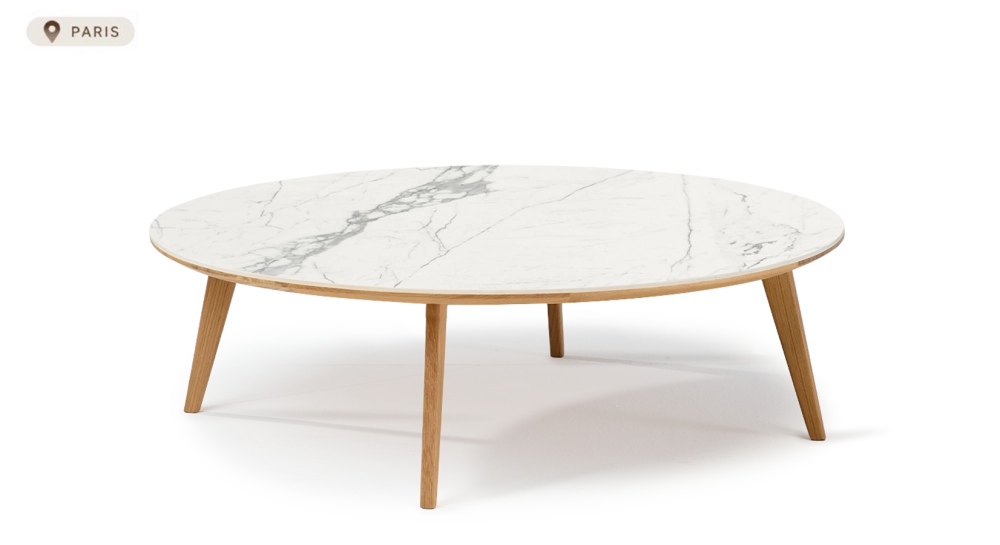 Table basse ronde F1 en chêne et céramique bois teinte naturelle plateau céramique effet marbre blanc 100x100x30 cm