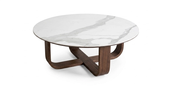 Round coffee table in oak and ceramic dark brown stained wood with a white marble-effect ceramic tabletop. 100x100 cm