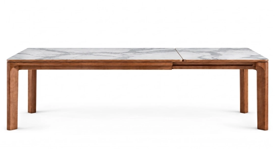 Table extensible 6 à 12 personnes en noyer et céramique allonges céramique avec bois teinte naturelle et plateau et allonge céramique effet marbre blanc 200x100 cm