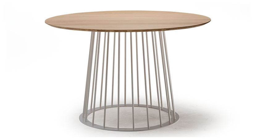 Table salle à manger ronde en chêne et métal pied métal blanc et plateau bois teinte naturelle 120x120 Table salle à manger ronde en chêne et métal pied métal blanc et plateau bois teinte naturelle 120x120
