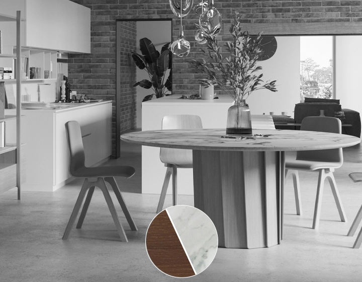 Round dining table in oak and ceramic for 6 people with dark brown stained wood and white marble effect ceramic top 120 cm Round dining table in oak and ceramic for 6 people with dark brown stained wood and white marble effect ceramic top 120 cm