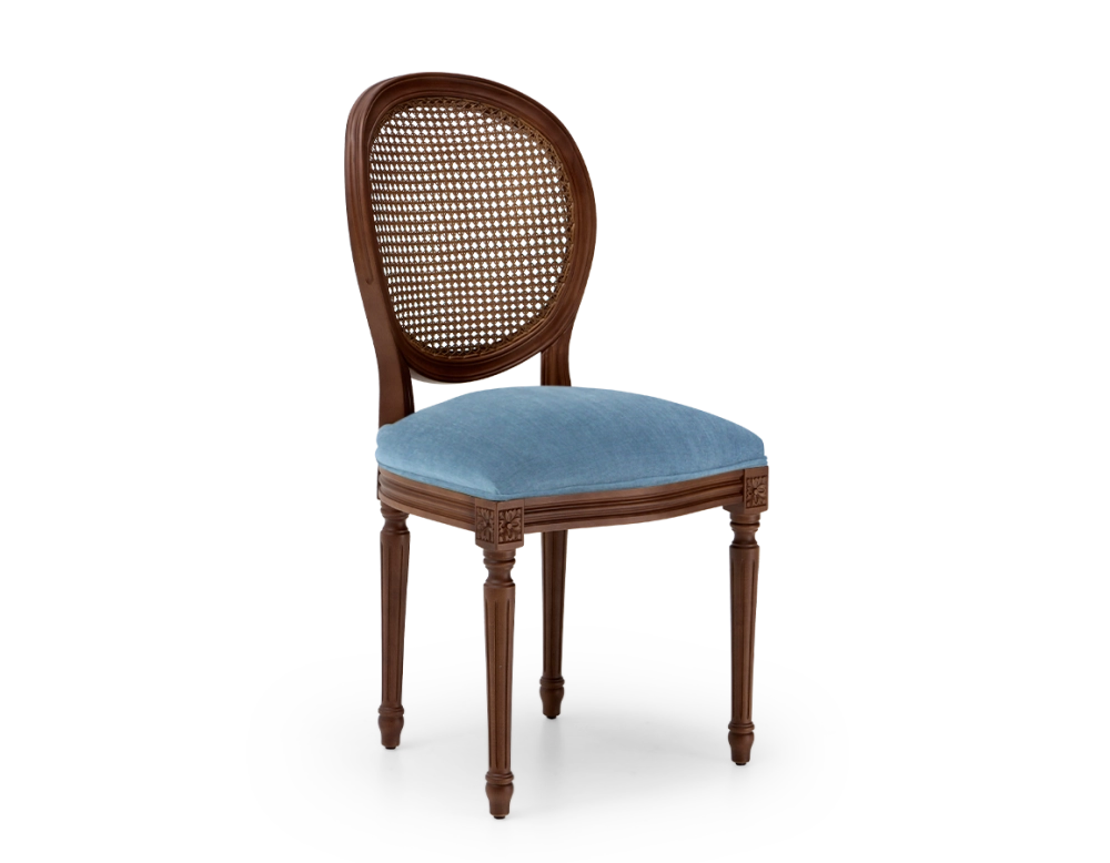 Chaise ancienne style Louis XVI bois teinte marron foncée dossier canné assise tissu bleu jean Chaise ancienne style Louis XVI bois teinte marron foncée dossier canné assise tissu bleu jean