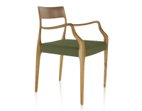 Scandinavian armchair with armrests cherry-stained wood, olive green fabric seat Scandinavian armchair with armrests cherry-stained wood, olive green fabric seat