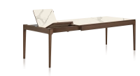 Table extensible en chêne et céramique 6 à 10 personnes allonges céramique avec bois teinte marron foncé et plateau et allonges céramique effet marbre blanc 140x90 cm Table extensible en chêne et céramique 6 à 10 personnes allonges céramique avec bois teinte marron foncé et plateau et allonges céramique effet marbre blanc 140x90 cm