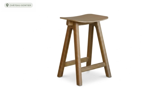Design bar stool H65 cm natural wood finish with blue fabric seat
